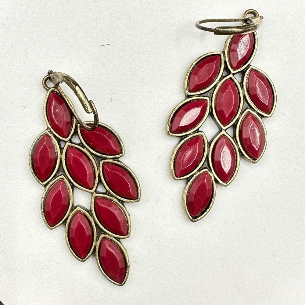 Vintage Antique Brass Red Marquise Cluster Earrings Chandelier Dangle Boho Style